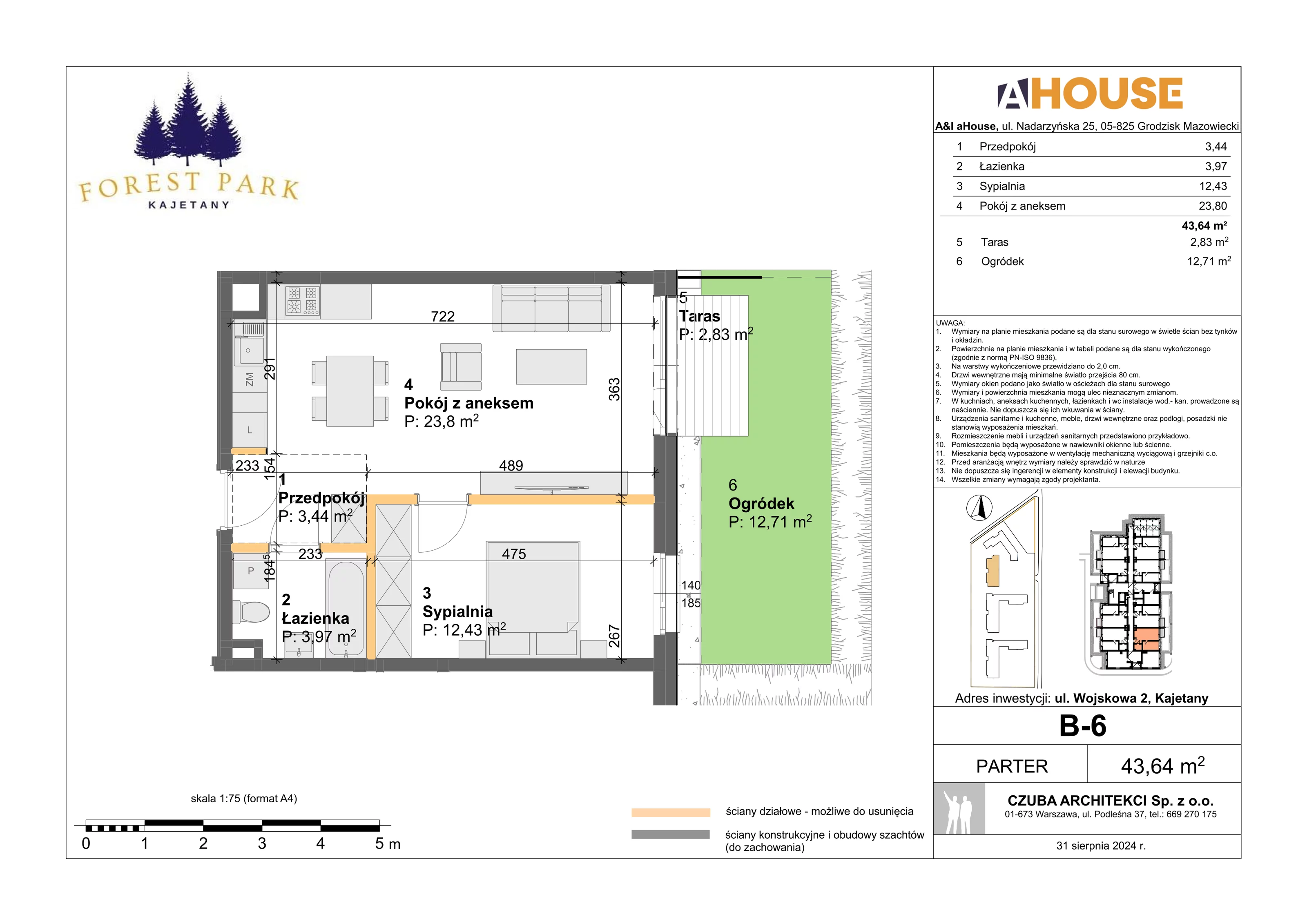 2 pokoje, mieszkanie 43,64 m², parter, oferta nr B-6, Forest Park Kajetany, Kajetany, ul. Wojskowa 2
